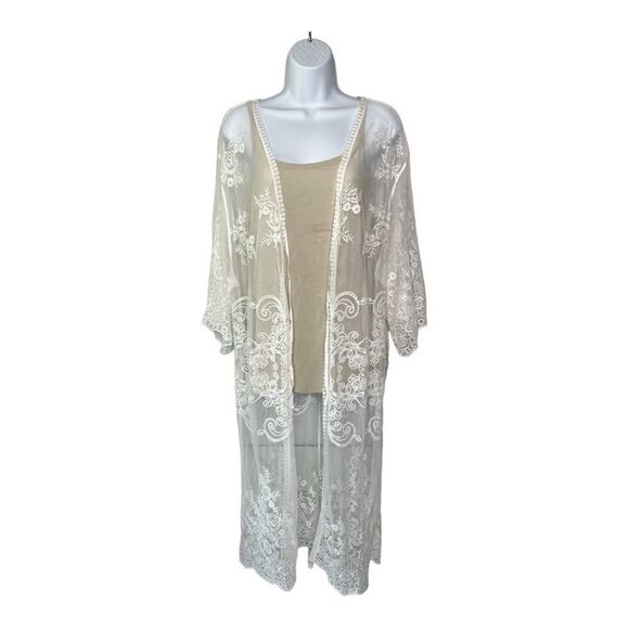 Downtown Threads Lace Elbow Length Tie Front Kimono Swim Coverup - Picture 1 of 11